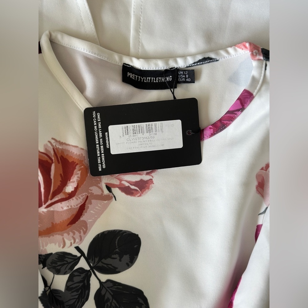Prettylittlething White Floral Print Frill Detail Midi Dress - Picture 10 of 11
